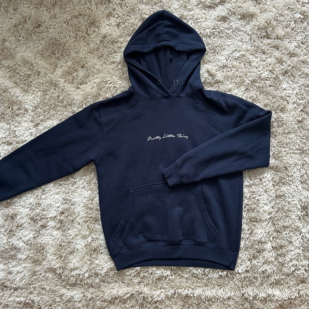 Navy blue, cursive “pretty little thing” hoodie in xs